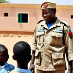 A MINUSMA peacekeeper helping local children at a newly built school in Mali, symbolizing hope and progress.