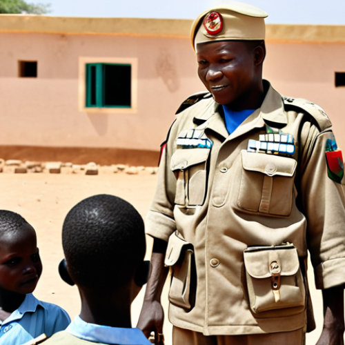 Home 11 A MINUSMA peacekeeper helping local children at a newly built school in Mali, symbolizing hope and progress.