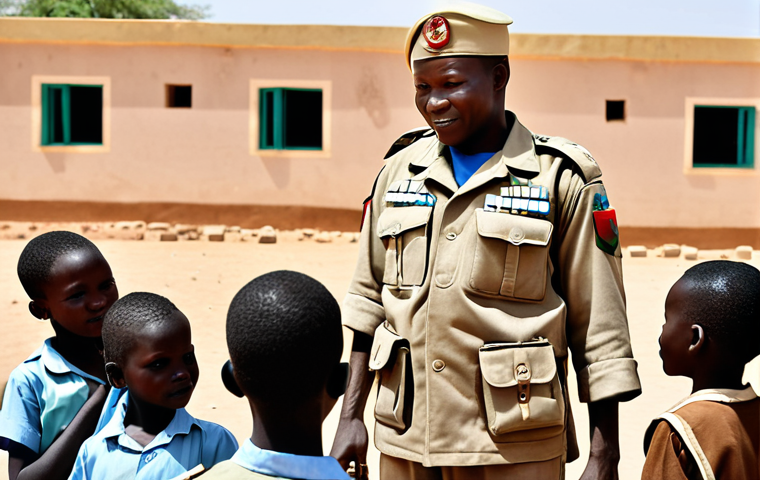 A MINUSMA peacekeeper helping local children at a newly built school in Mali, symbolizing hope and progress.