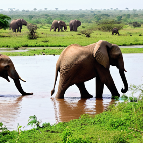 Home 6 **Baoure Loop National Park:** A vibrant wetland scene along the Niger River, teeming with diverse birdlife, including migratory species. In the foreground, a majestic African elephant family drinks from a watering hole, set against a backdrop of lush greenery and the flowing river.