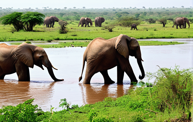 **Baoure Loop National Park:** A vibrant wetland scene along the Niger River, teeming with diverse birdlife, including migratory species. In the foreground, a majestic African elephant family drinks from a watering hole, set against a backdrop of lush greenery and the flowing river.